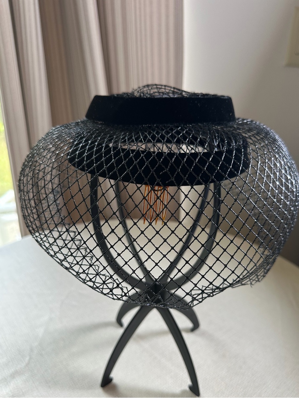 Vintage Black Netting Hat with Velvet Trim